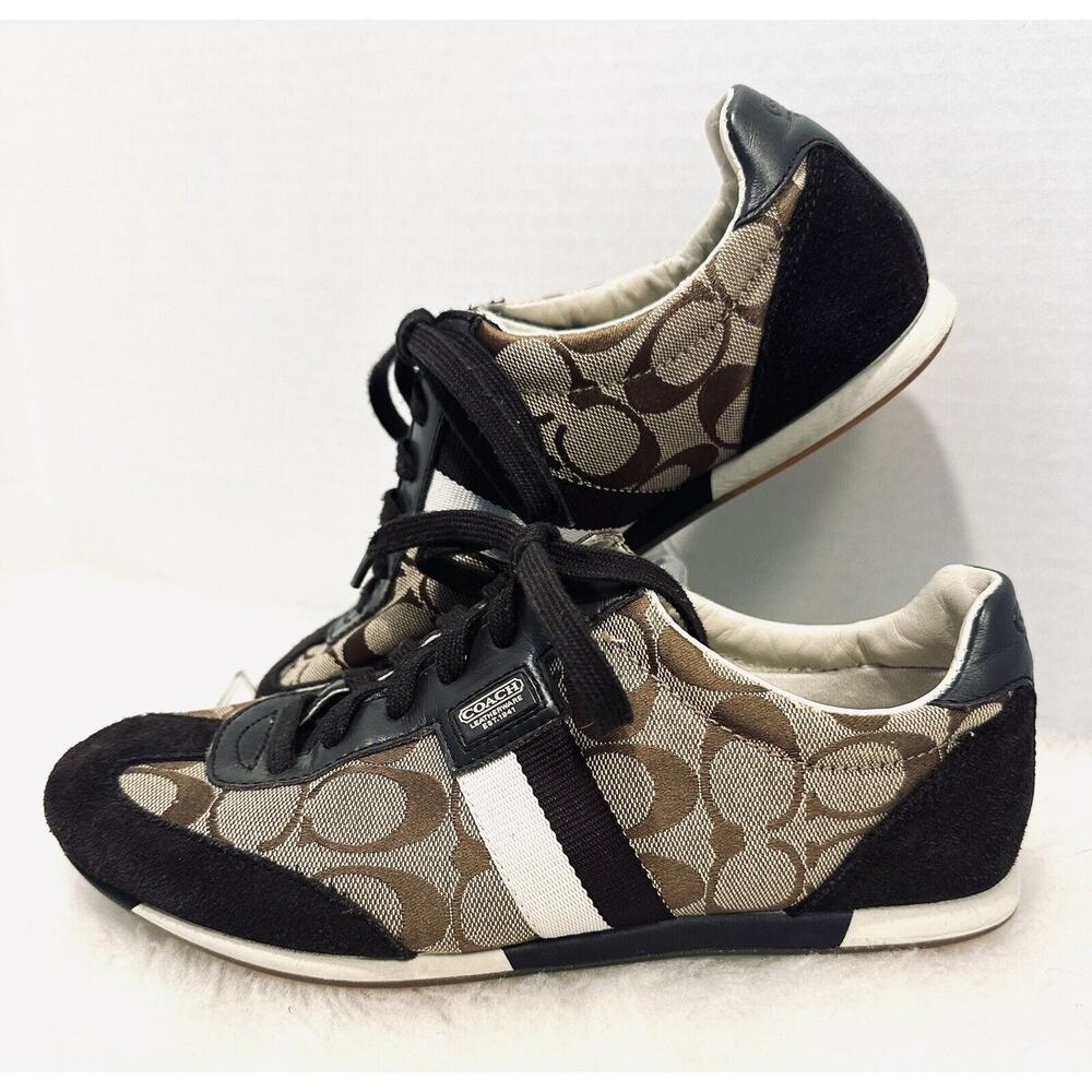 Coach Signature Joss Ladies Sz 8M Monogram Brown Leather & Suede Sneakers EUC